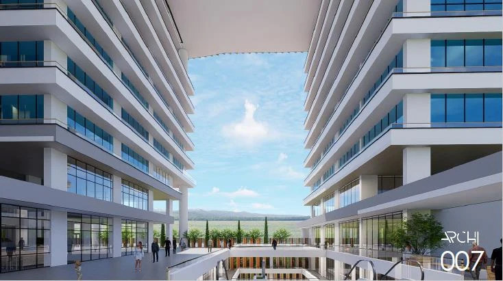 Architectural visualization showing the proposed development between modern buildings